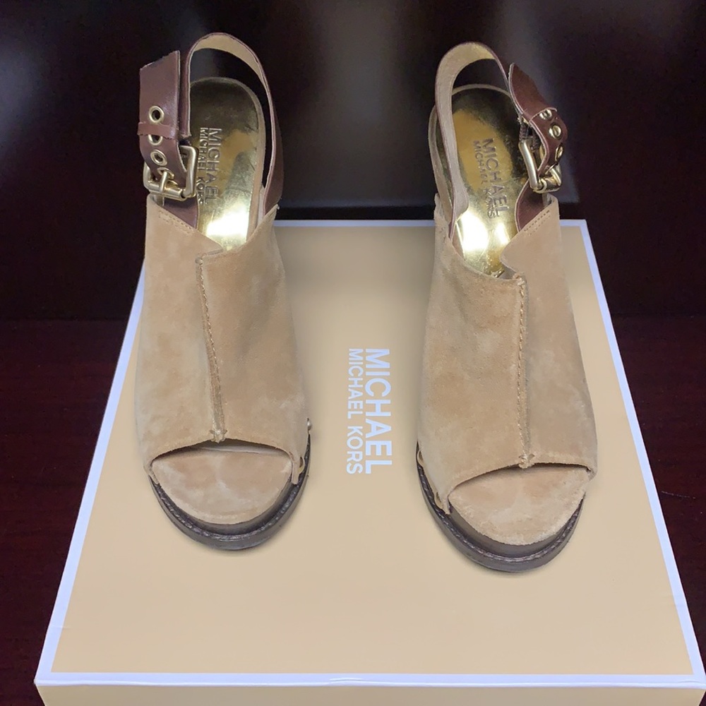Michael Kors Tan Suede Peep-Toe Wedge Heels With Brown Leather Strap Buckle
